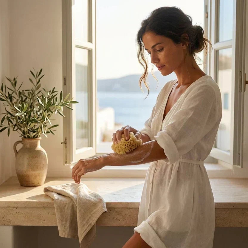 coastal bathroom with natural sea sponge and linen towels — Travel and Tide