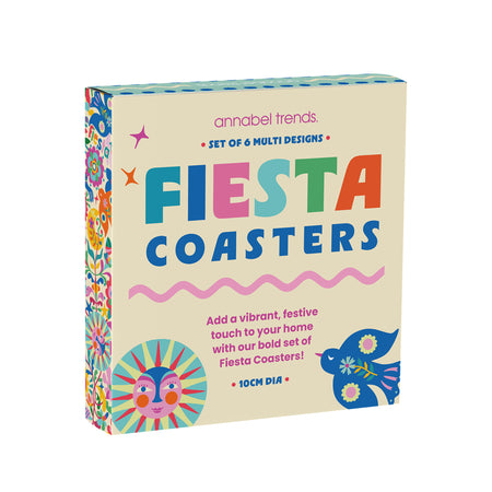 Fiesta Cork-Backed Coaster Set – 6 Colourful MDF Drink Coasters - detail view | Travel & Tide