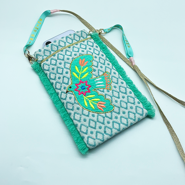 Dove Embroidered Mint Mobile Purse