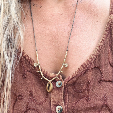 Cowrie Brass Beaded Necklace - detail view | Travel & Tide