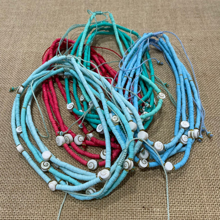 Coloured shiva shell necklace with three natural shells, adjustable coastal jewellery