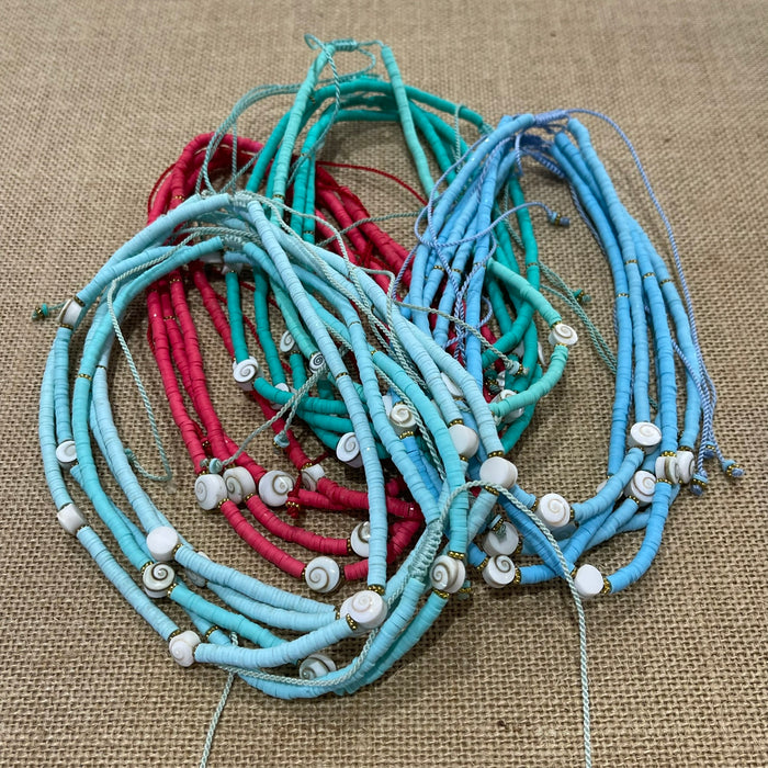 Coloured shiva shell necklace with three natural shells, adjustable coastal jewellery