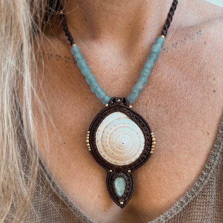 Larimar & Shell Macrame Necklace - Golden Mermaid - detail view | Travel & Tide