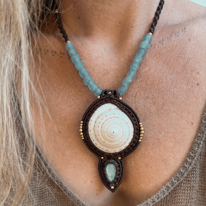 Larimar & Shell Macrame Necklace - Golden Mermaid - detail view | Travel & Tide