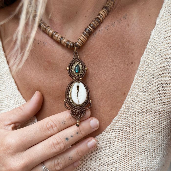 Cowrie & Labradorite Macrame Necklace - styled shot | Travel & Tide