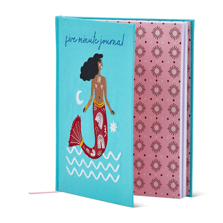Five Minute Mermaid Journal open showing gratitude and intention prompts - 100gsm pages
