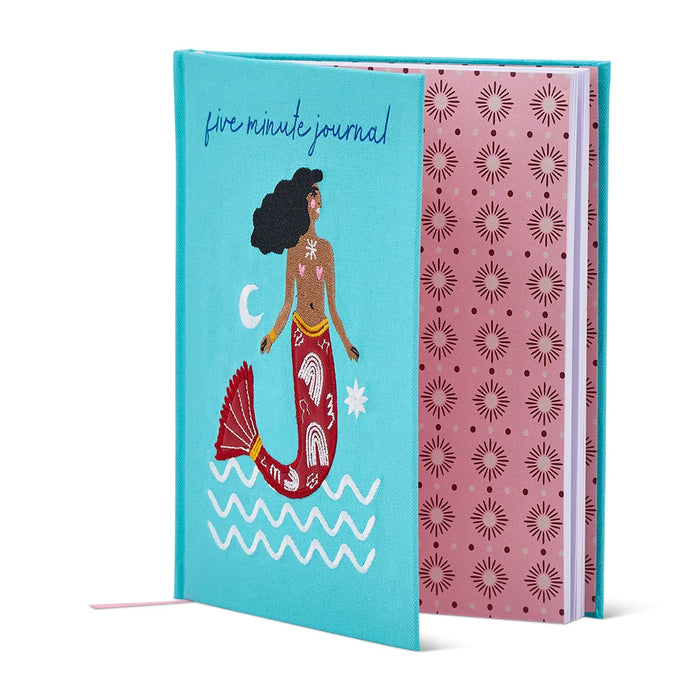 Five Minute Mermaid Journal open showing gratitude and intention prompts - 100gsm pages
