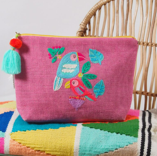 Pink Bird Embroidered Purse