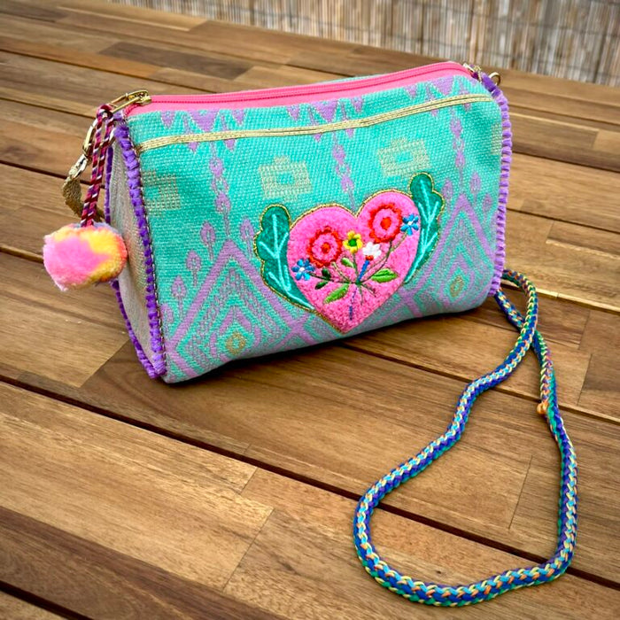 Mint Folk Heart Embroidered Pouch