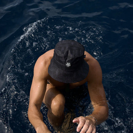 Night Fish Ocean Hat in black with Australian fish design, wide brim surf hat