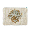 Beaded clutch with a shell design on a white background