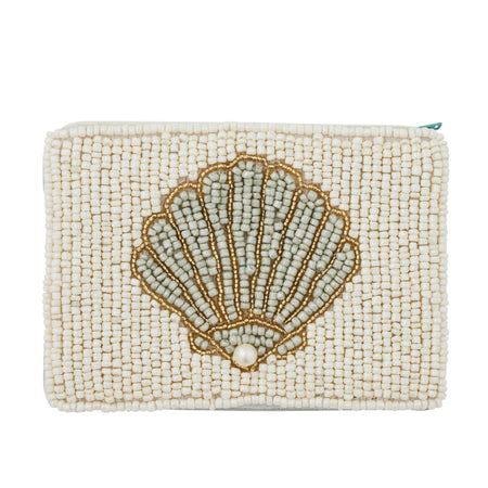 Beaded clutch with a shell design on a white background