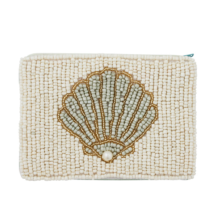 Beaded clutch with a shell design on a white background