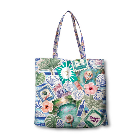 Colorful tote bag with travel-themed design on a white background
