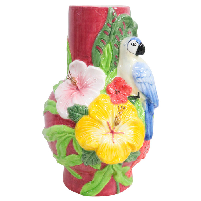 Hand-painted red tropicana tall vase with tropical florals and 3D parrot detail — Travel and Tide