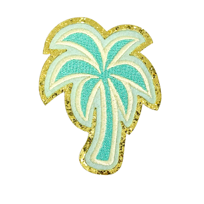 Palm tree iron-on patch blue and gold tropical 10x7.5cm