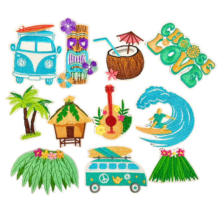 Tropical iron-on patches guitar wave hula palm VW designs