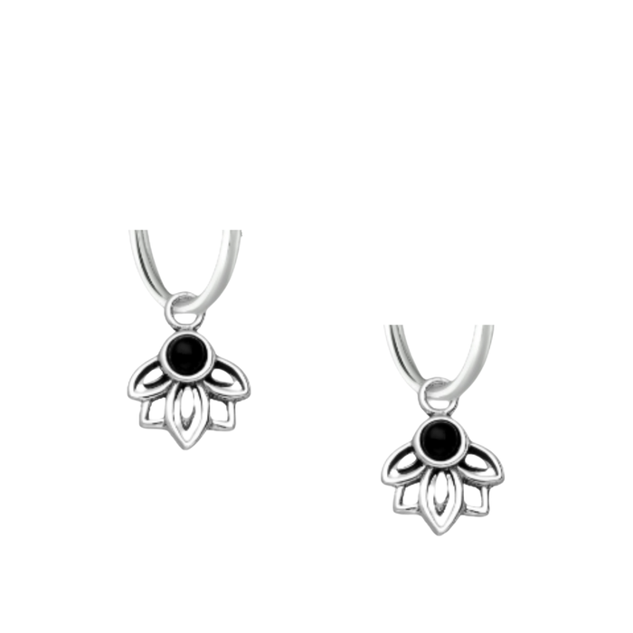 Pair of 925 sterling silver oxidized lotus hoop earrings with resin detailing on white background – boho floral hoops, handmade coastal jewelry by Travel & Tide.