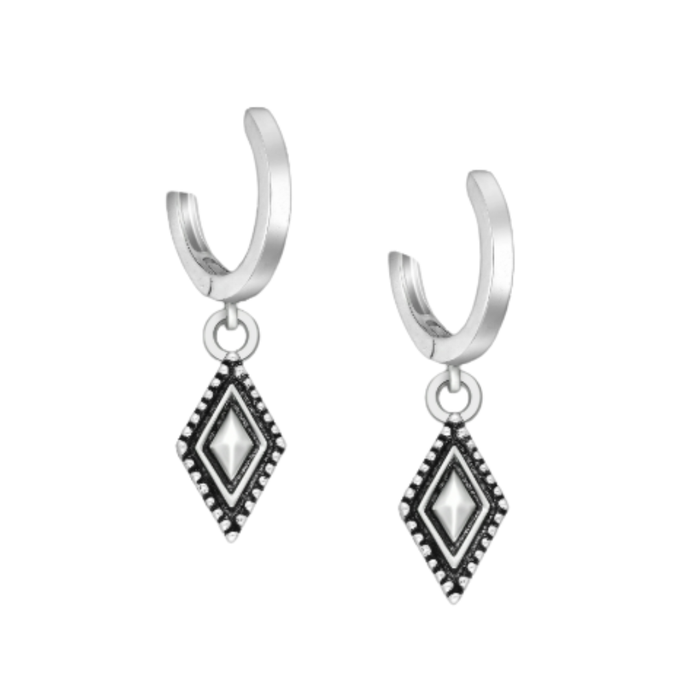 Pair of 925 sterling silver oxidized rhombus hoop earrings on white background – modern geometric boho jewelry by Travel & Tide.