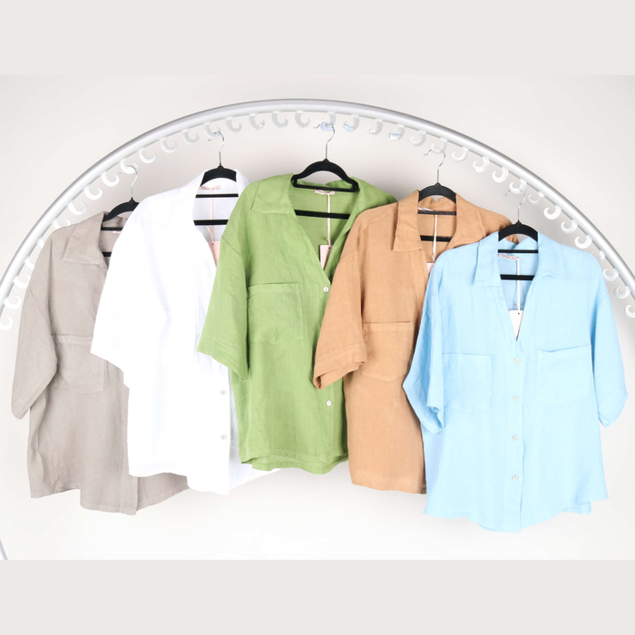 Coastal Women’s Linen Shirt – 100% Linen White, taupe and blue