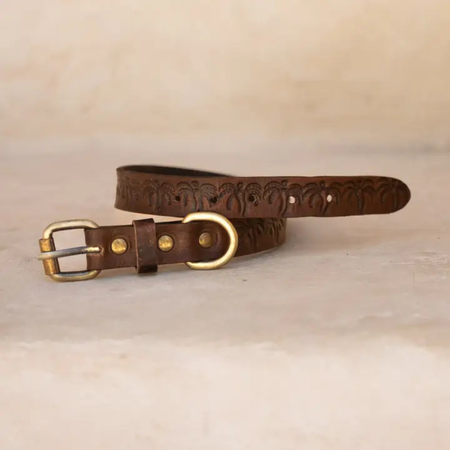 Island collar in vintage brown leather with hand-embossed palm tree design and brass hardware, sustainable dog collar