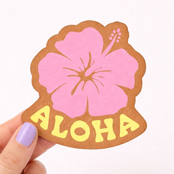 Aloha Hibiscus retro surf vinyl sticker with bold pink hibiscus flower, sandy tones and sunny yellow lettering by Daydream Prints
