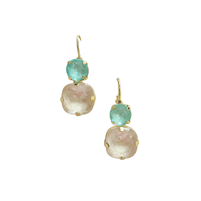 Pair of gold-tone hook drop earrings with smaller aqua faceted tops and larger cream faceted drops
