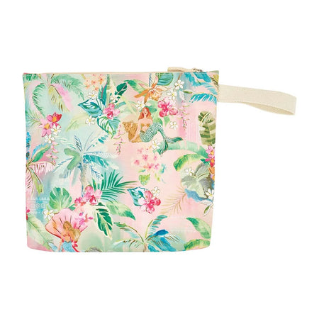 Beach wet pouch in Tiki Island print open showing PEVA-lined interior

