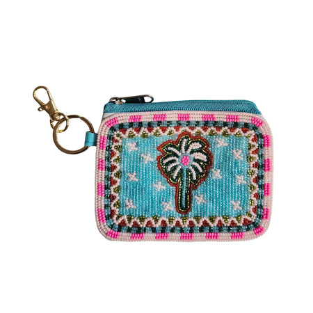 Aqua beaded keychain pouch with a central palm tree, colourful pink and cream patterned borders, zip closure and gold-tone keyring clip
