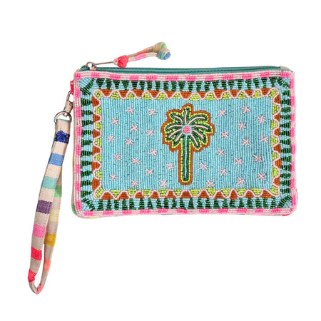 Aqua beaded wristlet bag with a green palm tree, small pink accents, colourful patterned borders and a multicoloured striped wrist strap

