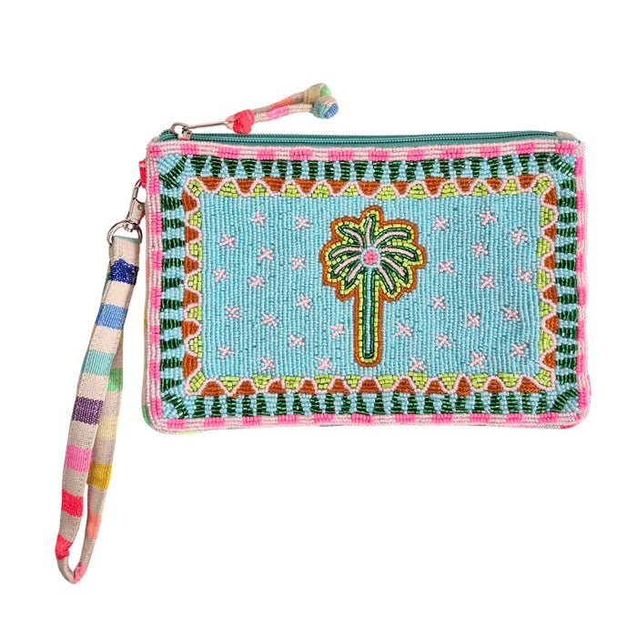 Aqua beaded wristlet bag with a green palm tree, small pink accents, colourful patterned borders and a multicoloured striped wrist strap

