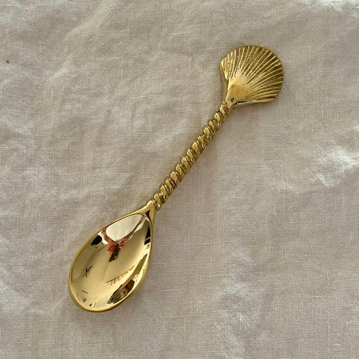 Polished brass scallop shell spoon with rope-twist handle and teardrop bowl on linen background
