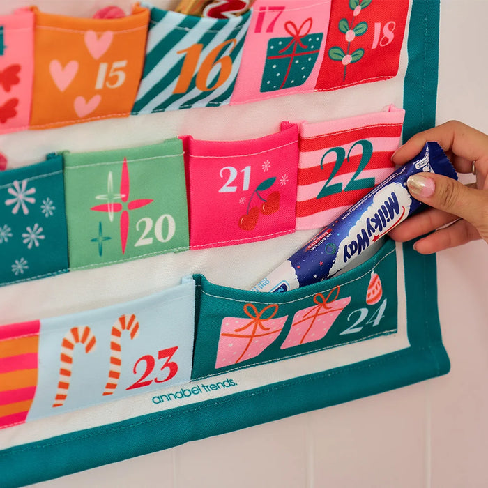 Close-up detail of the 24 pockets on the reusable fabric Christmas Advent Calendar
