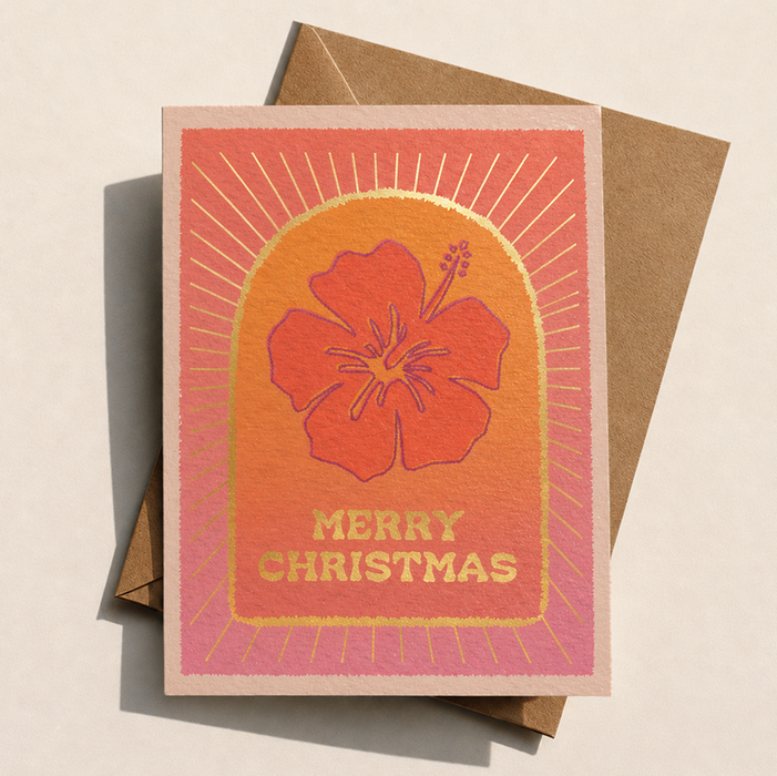 Hibiscus Christmas card with gold foil sunburst details - tropical coastal holiday card designed in Australia

