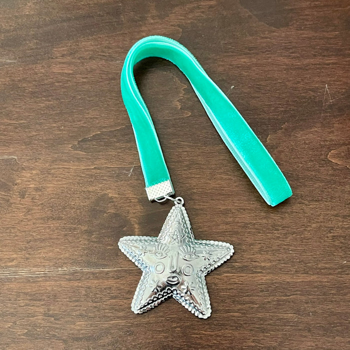 Handmade coastal Christmas hanger with turquoise velvet ribbon and silver star charm
