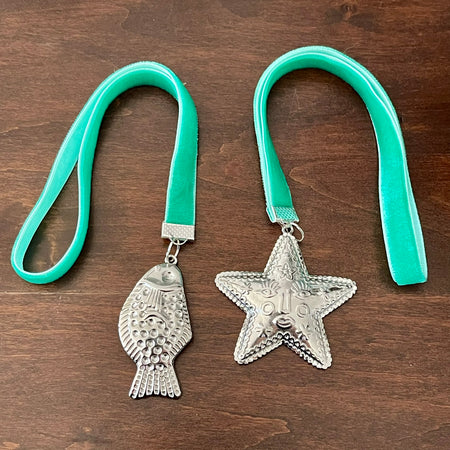 Coastal velvet Christmas hangers in Fish and Star designs with turquoise ribbon and silver charms
