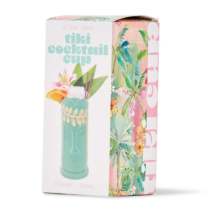 Tiki cocktail cups styled for summer entertaining - ceramic tropical barware
