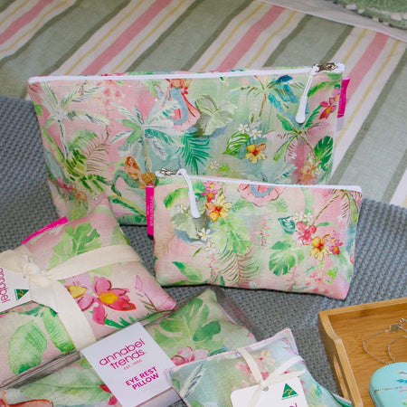 Tiki Island cosmetic bag open showing spacious interior - travel and beauty organiser
