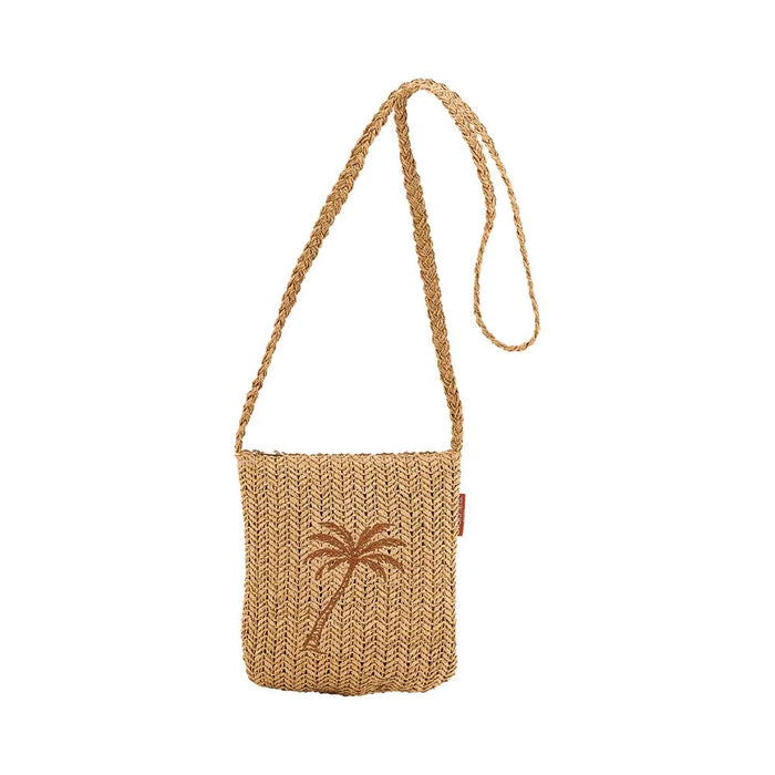 Crochet palm cross body pouch worn over shoulder - compact coastal bag
