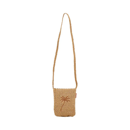 Crochet palm cross body pouch in natural paper weave with adjustable strap

