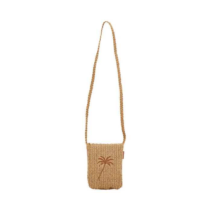 Crochet palm cross body pouch in natural paper weave with adjustable strap
