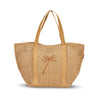 Crochet palm tote in natural paper weave with embroidered palm tree detail
