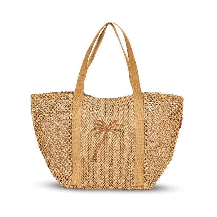 Crochet palm tote in natural paper weave with embroidered palm tree detail
