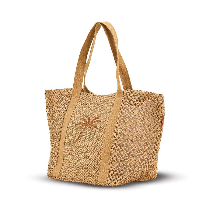 Crochet palm tote with sturdy woven handles - 52cm strap length

