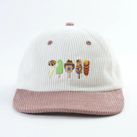 Down Under Delights soft corduroy hat with embroidered Australian ice cream design
