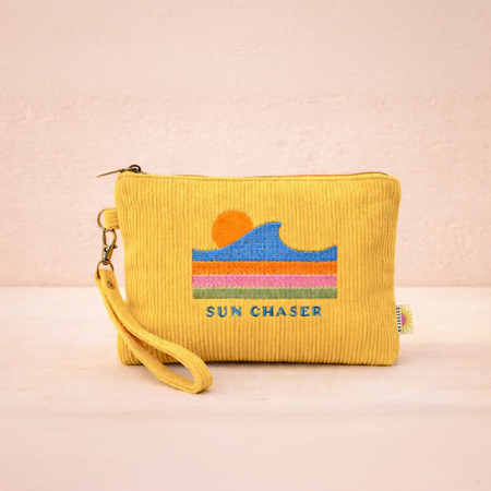 Embroidered corduroy wristlet zip pouch in warm summer tones with retro floral embroidery and detachable wristlet strap