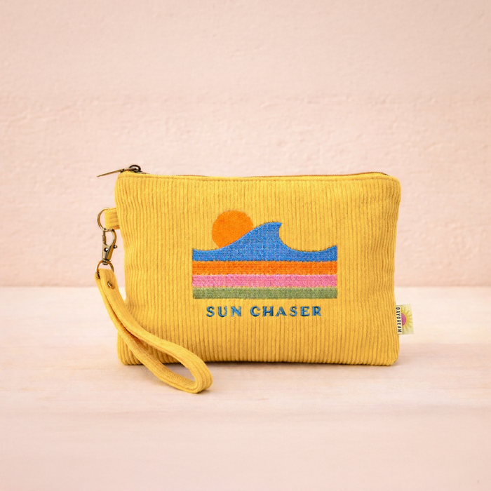 Embroidered corduroy wristlet zip pouch in warm summer tones with retro floral embroidery and detachable wristlet strap