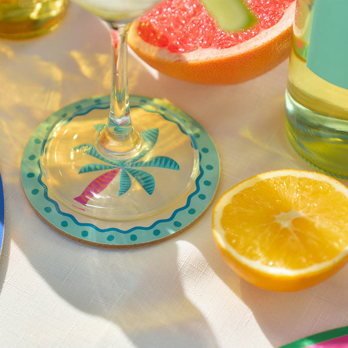 Fiesta Cork-Backed Coaster Set – 6 Colourful MDF Drink Coasters - styled shot | Travel & Tide
