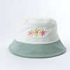 Front view of Flower Bloom corduroy bucket hat with embroidered flower designs
