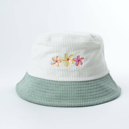 Front view of Flower Bloom corduroy bucket hat with embroidered flower designs
